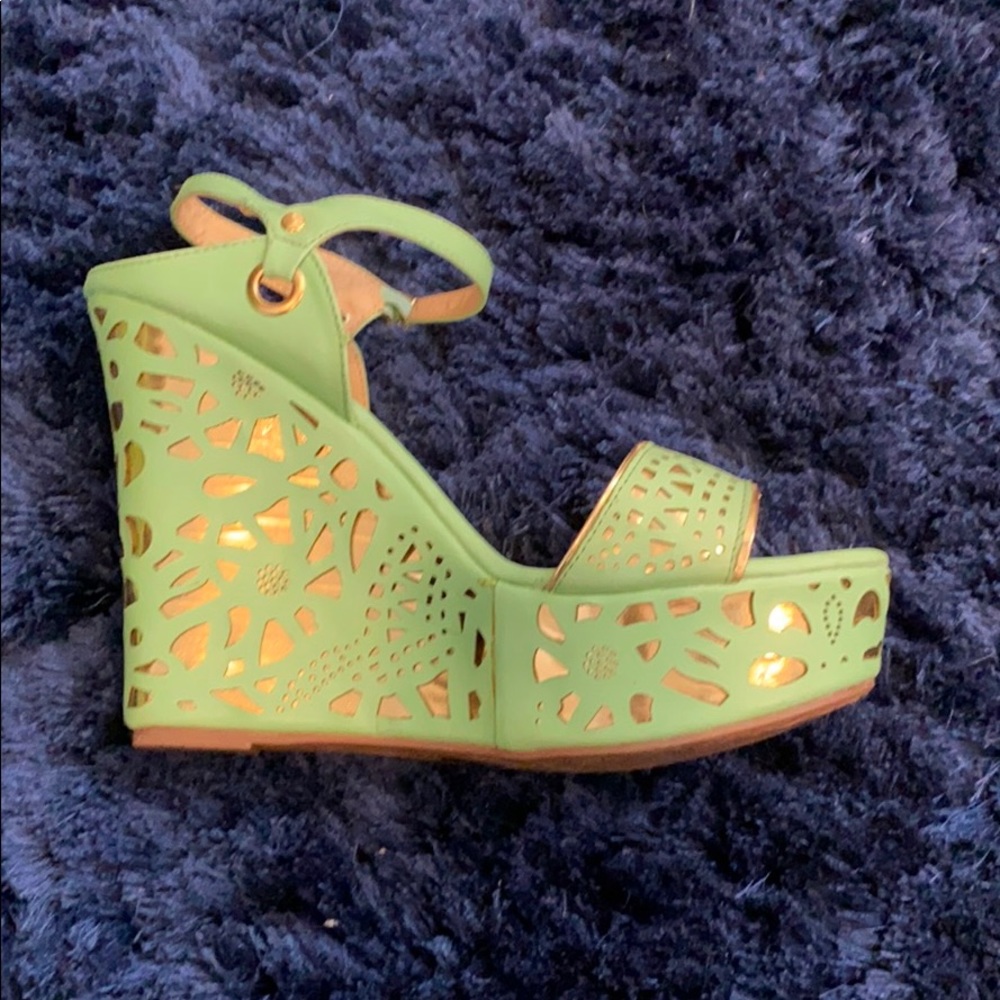 DbDk green and gold wedge heels